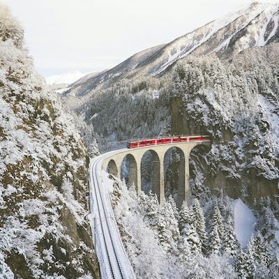 snowy landscapes of Switzerland, with train ride in winter